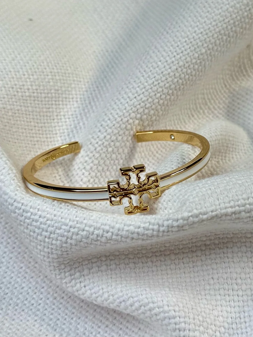 Tory Burch Gold Tone Logo White Enamel Cuff Bracelet